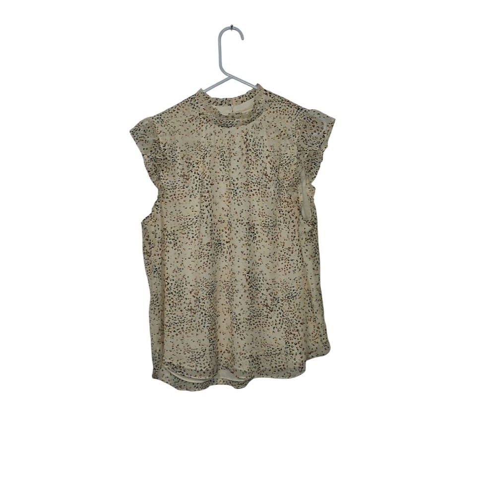 LOFT Blouse Womens L Cream Printed Ruffle Mock Neck Sleeveless Chiffon Top